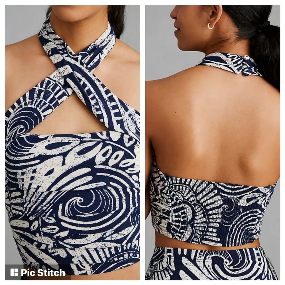 NWT Anthropologie Navy Blue/White Knit Floral Swirl Halter Top XL